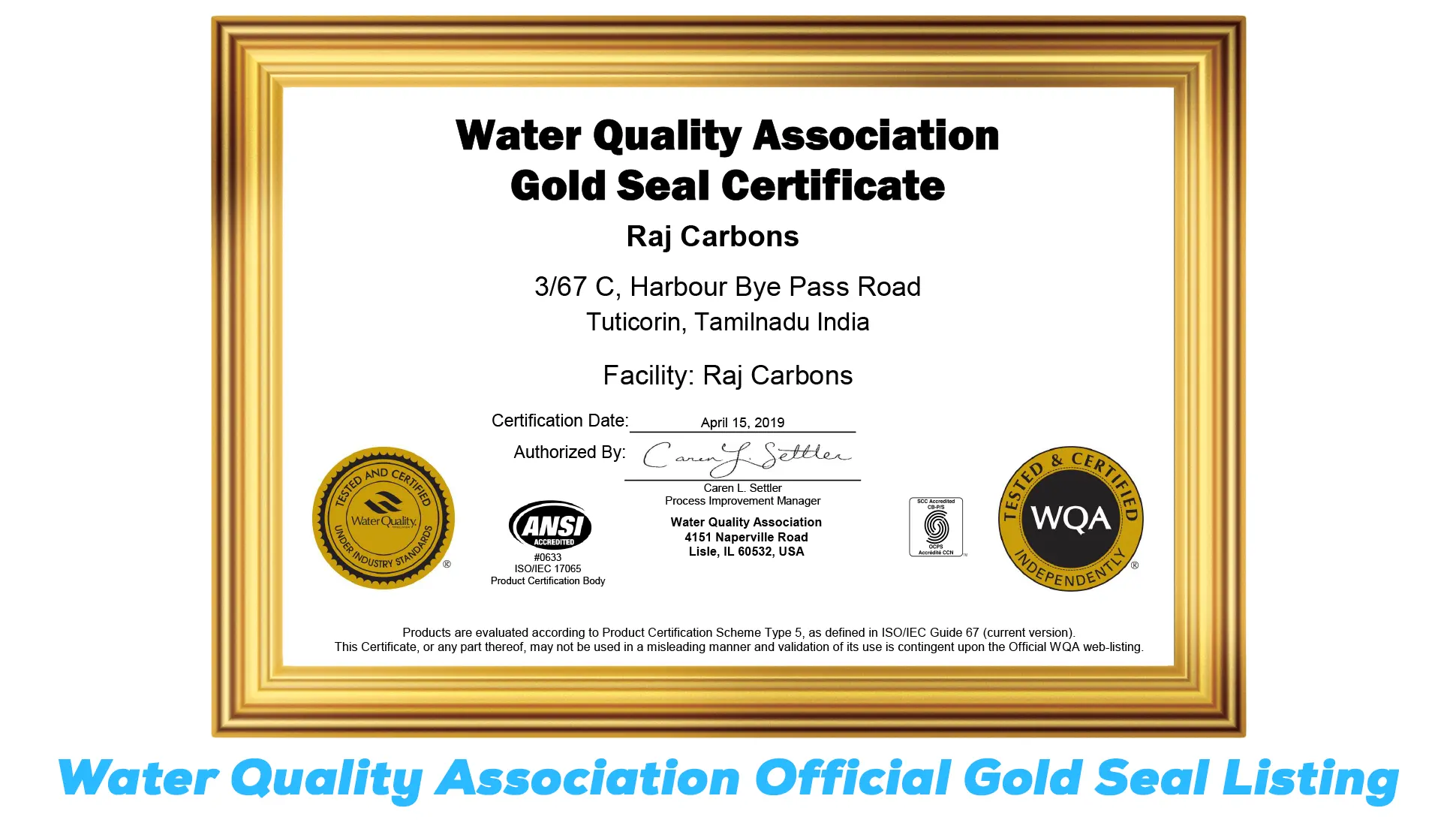 WQA Gold Seal Certificate of Compliance - Raj Carbon